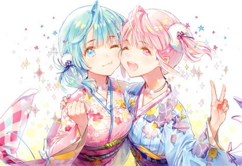 Wallpaper Anime Girls Friends Kimono Cute Smiling Pink Hair Aqua