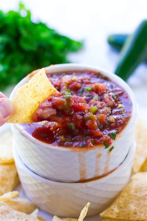 This restaurant style salsa recipe is loaded with flavor, has an amazing texture, and a secret ingredient. 5 Minute Restaurant Style Salsa Recipe - Nora Cooks