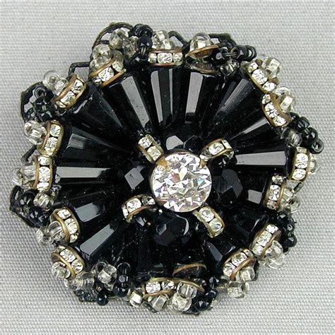 Black Vintage Miriam Haskell Pin Brooch Beads And Rhinestones From