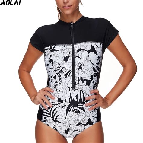 2017 New Short Sleeves Rash Guard Women Surf Swimwear Floral One Piece Swimsuit Surfing Clothing
