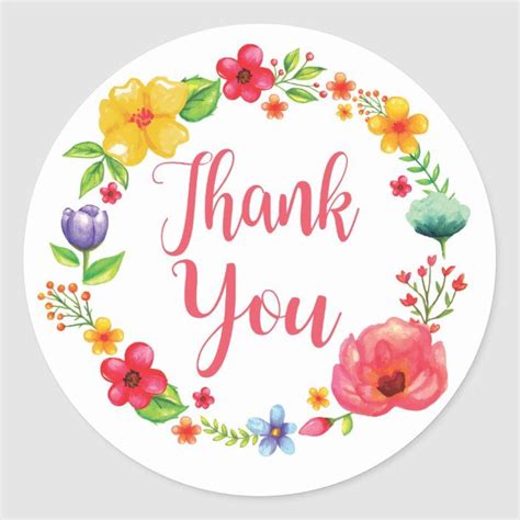 Floral Thank You Watercolor Pink Red Flower Wreath Classic Round