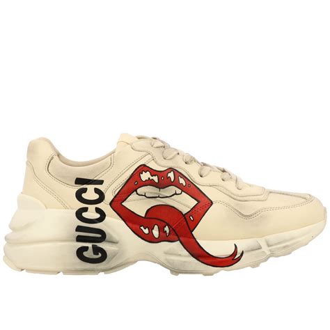Gucci Rhyton Leather Sneakers With Maxi Mouth White Gucci Sneakers