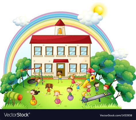 Children Playing In Front School Royalty Free Vector Image