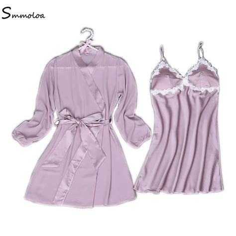 Smmoloa Women Silk Stain Robes Sets Sexy Lace Sleepwear Robe Nightgown Set New Arrival Robe Set