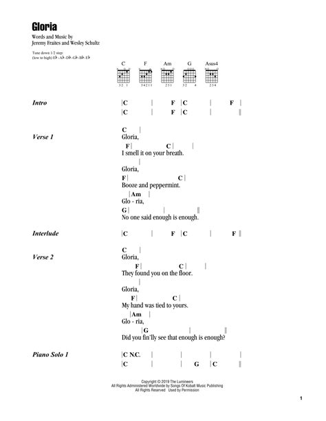 Gloria Sheet Music The Lumineers Guitar Chordslyrics