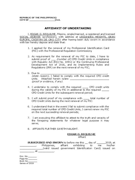 Prc Form Affidavit Of Undertaking Cpd Pdf Affidavit Civil Law