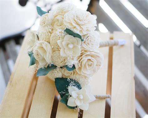 Ivory Sola Wood Bridal Bouquet With Matching Boutonniere Etsy
