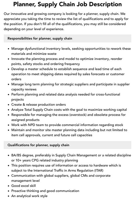 Planner Supply Chain Job Description Velvet Jobs