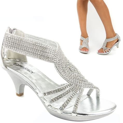 Women Silver Prom Wedding Bridal Rhinestone Low Kitten Heel Party