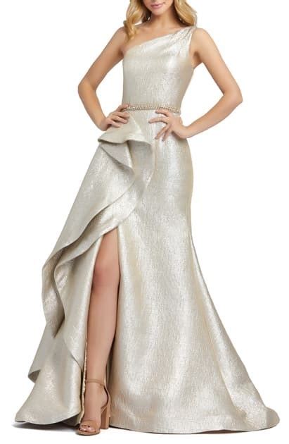 Mac Duggal One Shoulder Ruffle Metallic Mermaid Gown In Oyster The Volte