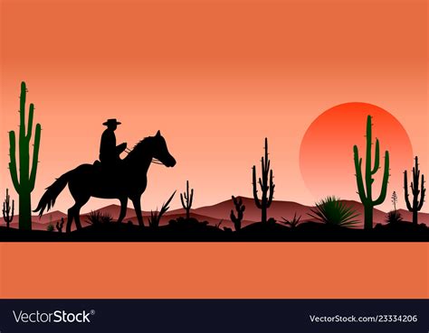 Desert Man Riding A Horse Cacti Sunset Royalty Free Vector