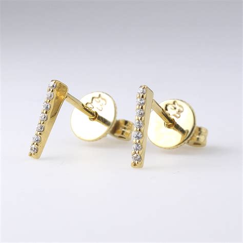Diamond Bar Stud Small Simple Earrings 14k Gold Bar Studs Etsy