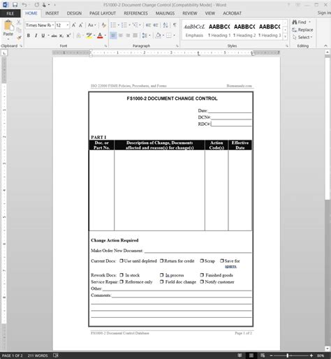 Iso22000 Fsms Document Change Control Template Word