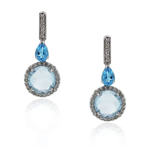 18k White Gold Diamond Blue Topaz Drop Dangle Earrings