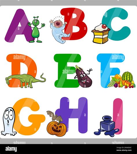 Cartoon Illustration Of Funny Capital Letters Alphabet With Objects For