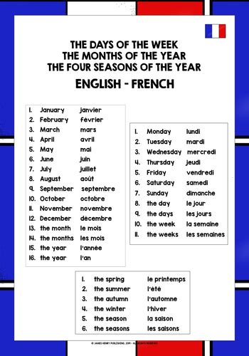 French Days Months Seasons Reference List Teaching Resources