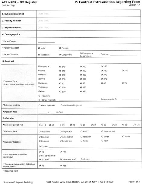 Acr Standardized Ct Contrast Extravasation Form The Form Was Completed