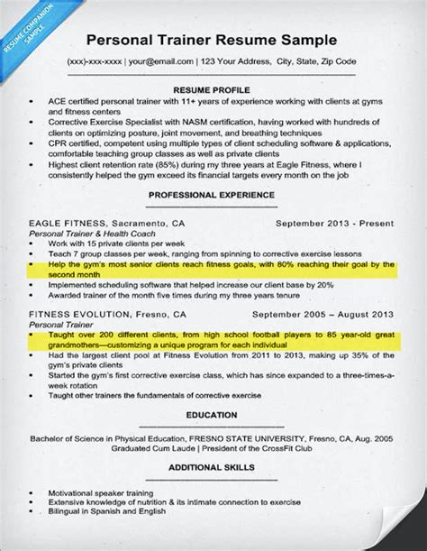 Personal Trainer Resume Sample And Writing Tips Resume Companion