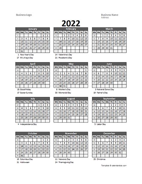2022 Work Week Calendar Printable