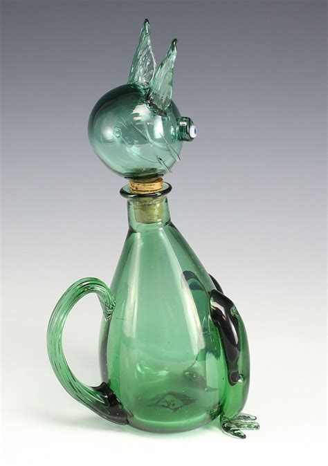 Italian Art Glass Murano Green Figural Cat Decanter Tail Forms Handle Ebay Glass Art