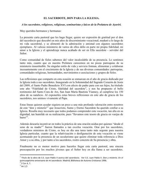 Carta Pastoral El Sacerdote Don Para La Iglesia Prelatura De Ayaviri