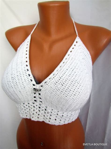 crochet bra sexy crochet bustier halter top in white bikini etsy