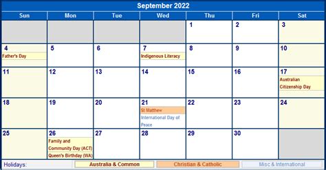 September 2022 Australia Calendar With Holidays For Printing Image Format