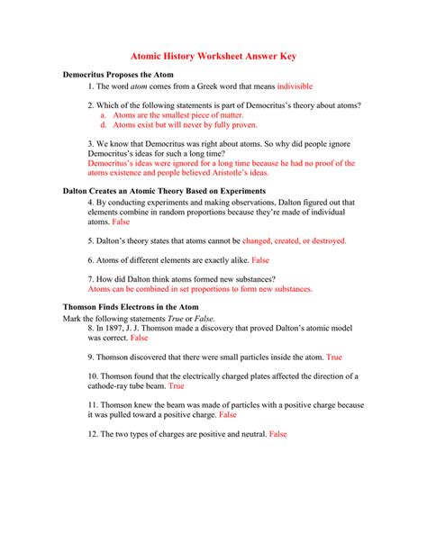 ️atomic Theory Worksheet Answer Key Free Download