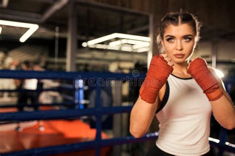 Young Fit Female Training Boxing In Ring Stock Image Image Of