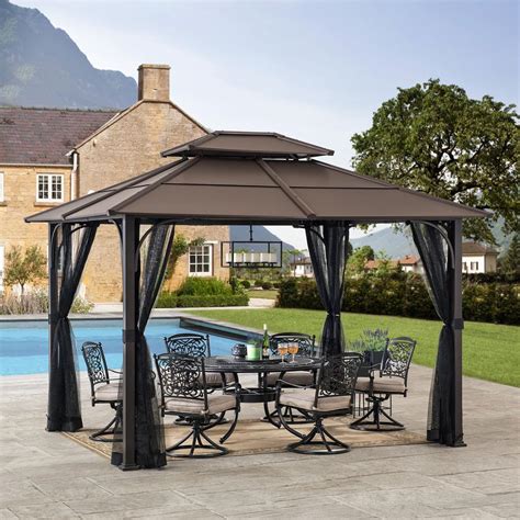 Sunjoy 10 Ft X 12 Ft Black And Brown Steel Gazebo With 2 Tier Hip