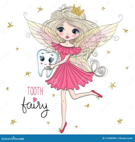 Little Tooth Fairy Holding Cute Baby Tooth Lovely Blonde Fairy Girl