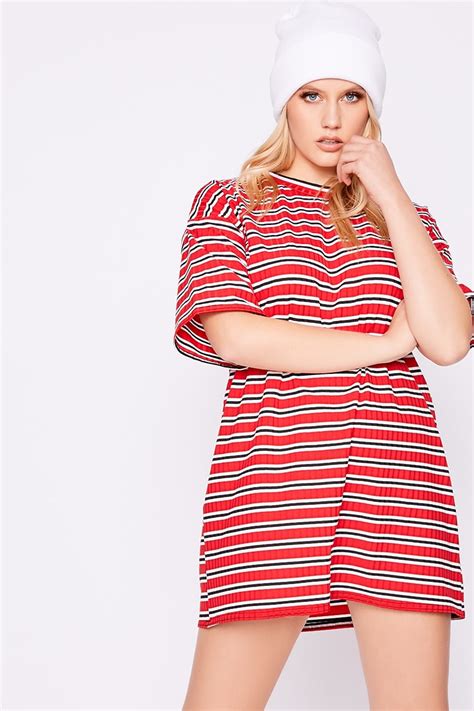 Red Ribbed Stripe T Shirt Dress In The Style