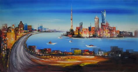 Hand Painted Modern Oil Painting On Canvas Abstract Shanghai City
