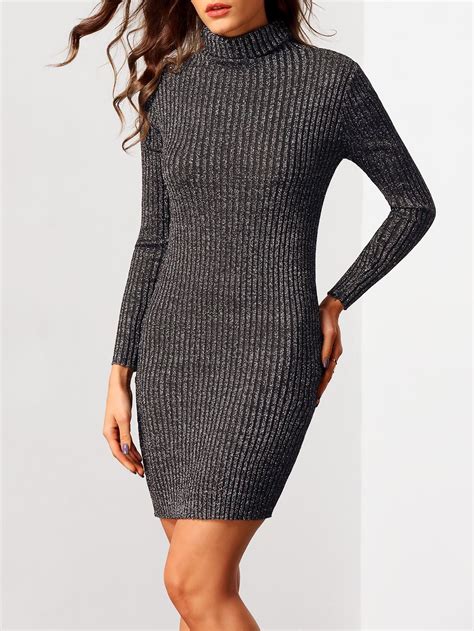 Black Turtleneck Long Sleeve Bodycon Sweater Dress Sheinsheinside Sweater Dress Bodycon