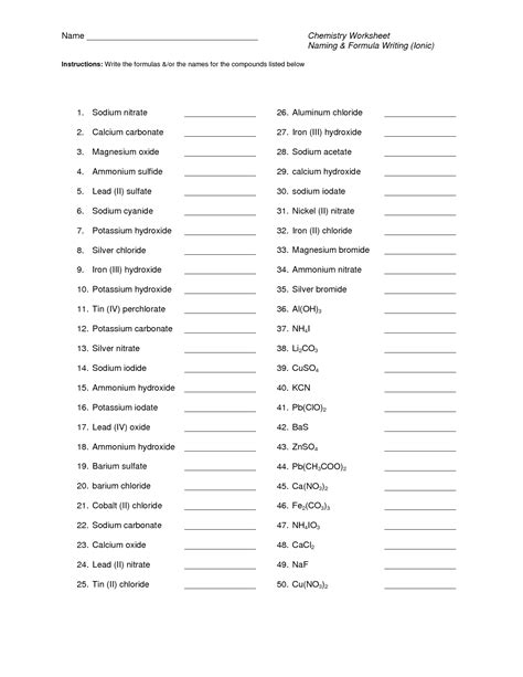 Chemistry Formula Sheet Chemistry Worksheet Naming Formula Writing