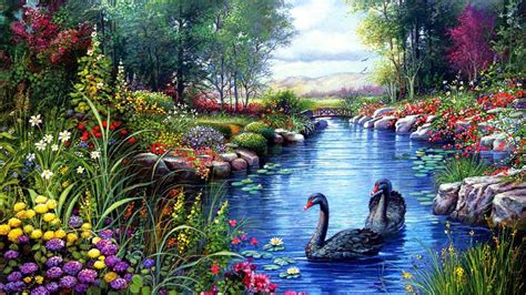 Black Swans Trees River Flowers Painting Hd Wallpaper