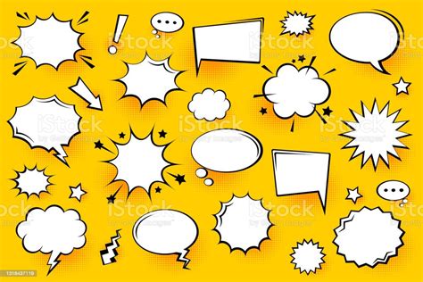 Blank Comic Speech Bubbles With Halftone Shadows On Yellow Background