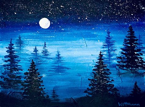Night Sky Painting Landscape Original Art Tree Forest Moon Etsy
