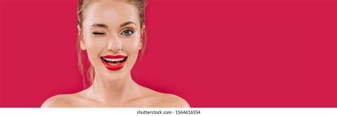 Smiling Naked Beautiful Woman Red Lips Stock Photo 1564616554