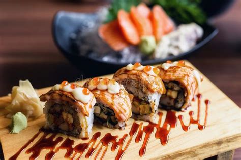 Grilled Salmon Sushi Nigiri Rolls Stock Photo Image Of California