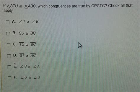 If STU ABC Which Congruences Are True By CPCTC Check All That Apply