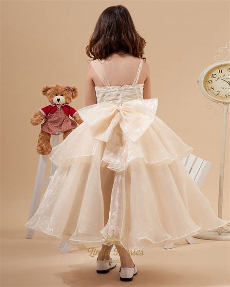 Champagne Ankle Length Layered Organza Flower Girl Dresses With Bow