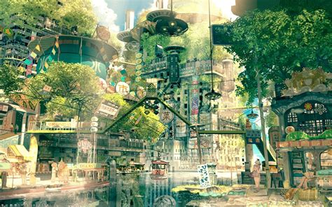 Drawing City Cityscape Japan Fictional Nature Anime
