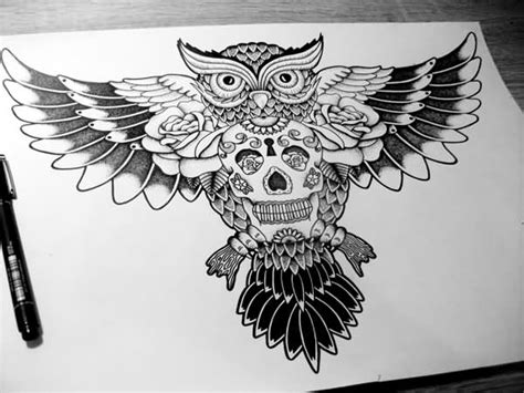 Bonny Uncolored Owl Keeping Sugar Skull Tattoo Design Tattooimagesbiz