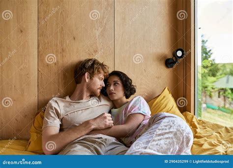Interracial Couple Having Tender Moment While Stock Image Image Of