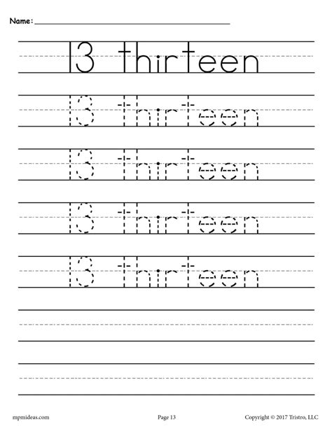 Printable Number 13 Tracing Worksheet