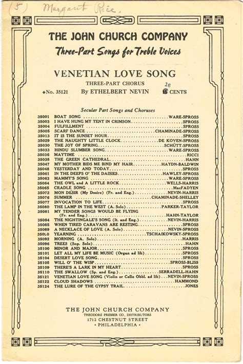 Venetian Love Song Type 2 Three Part Chorus For Womens Voices Ssa With Piano And Violin