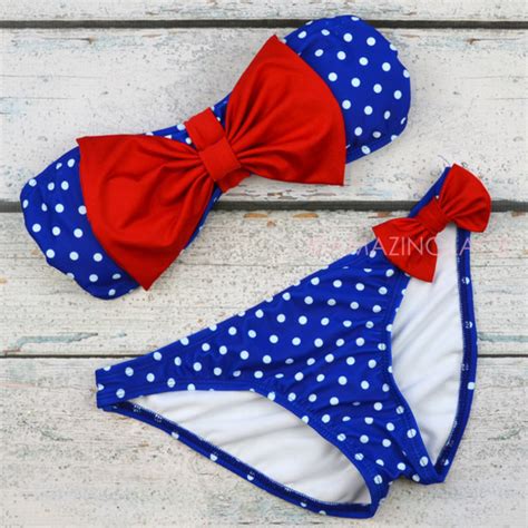 Swimwear Bikini Polka Dot Bikini Bandeau Bikini Red White And Blue