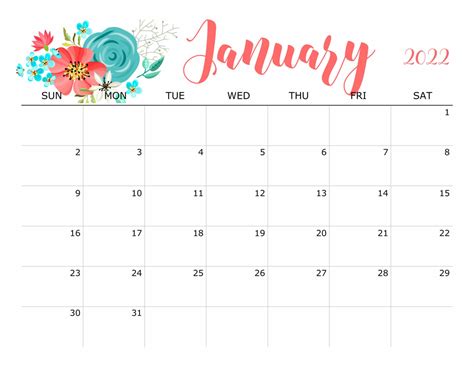 Cute January 2022 Calendar Printable Floral Designs