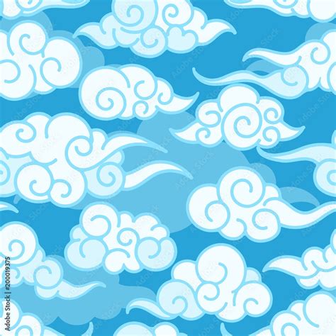 Chinese Clouds Pattern Blue Swirl Asian Wave Cloud Sky Background Japanese Clouds Seamless